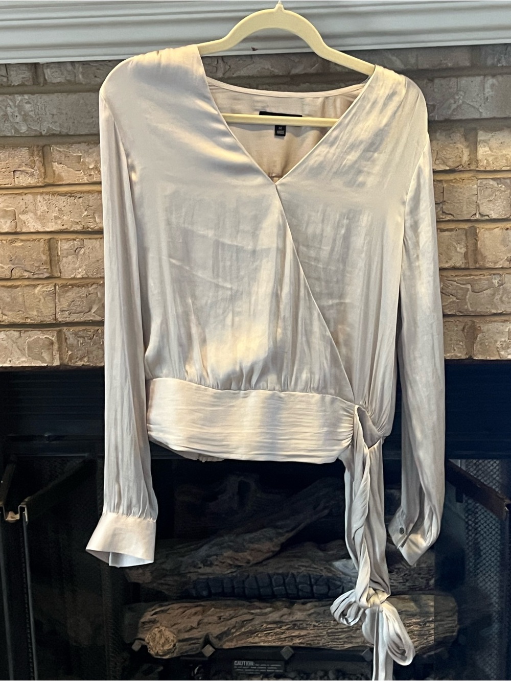 Silky Wrap-Front Women's Top in Light silver size med. banana republic